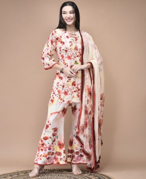 Shree Women Liva Red and Lemon yellow Floral Print Kurta Bell Bottom pant Dupatta